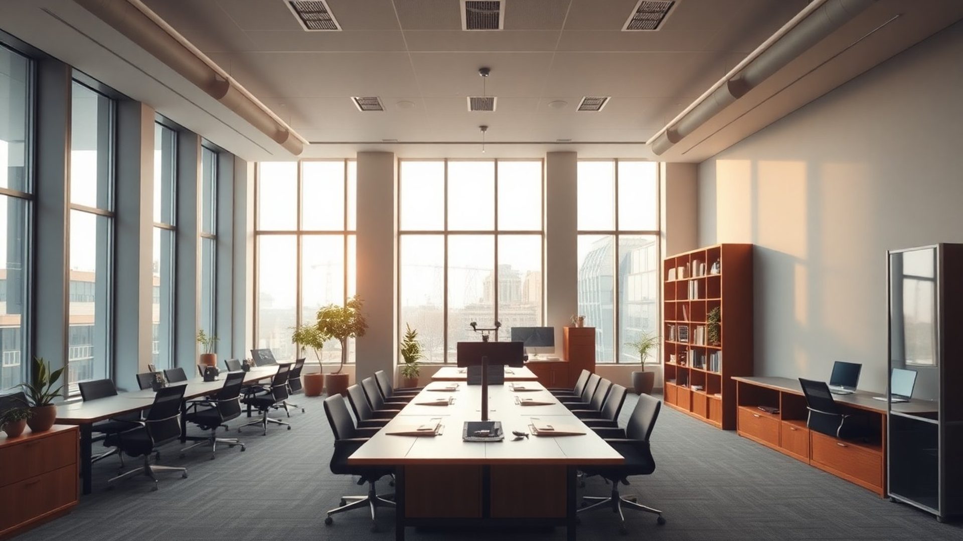 Interior sobru de birou de consultanță financiară cu lumină caldă
