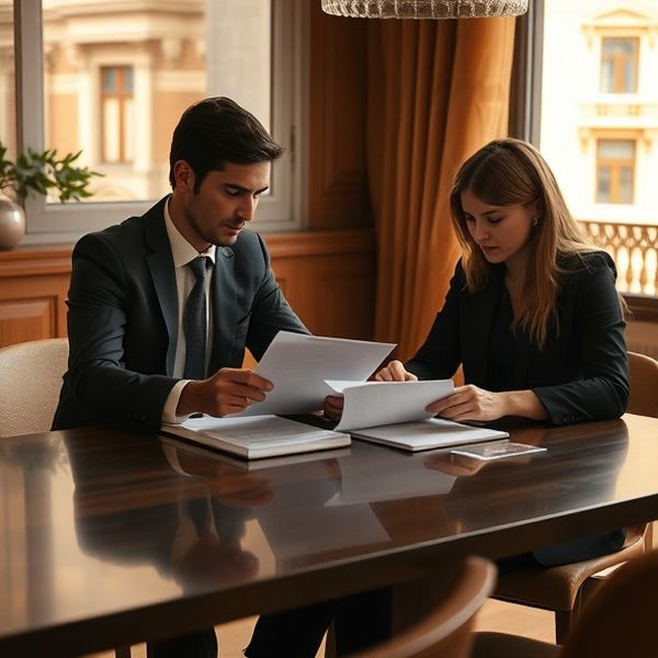Doi profesioniști analizând documente într-o sală de întâlniri